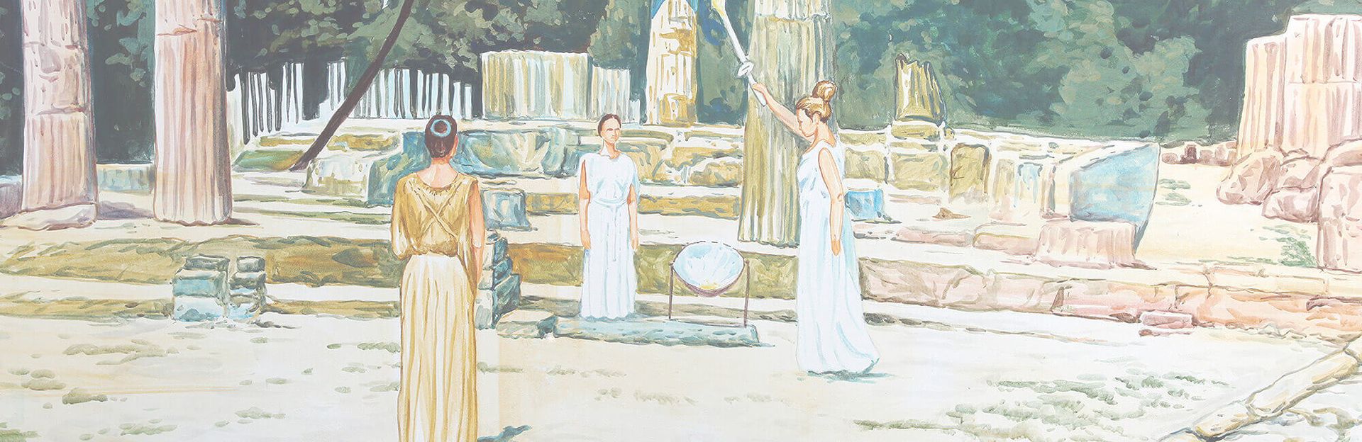Malerei der Olympischen Flamme - Priesterinnen in antiken Gewändern bei der Zeremonie in Olympia